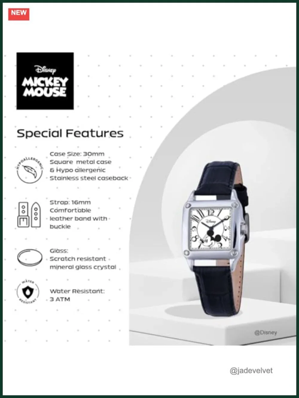 Disney Officially Licensed Mickey Mouse Watch Square White Dial Silver Case